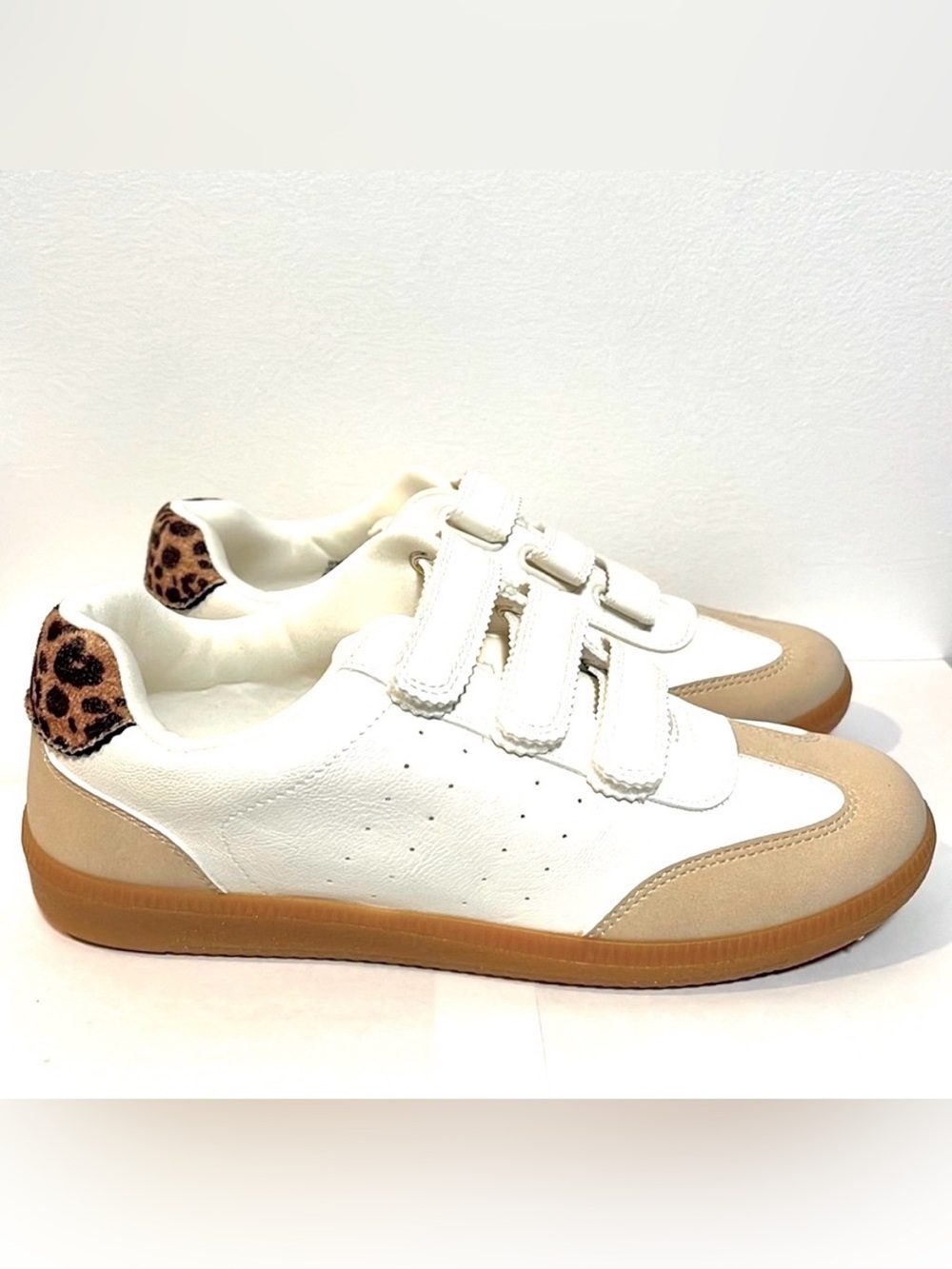 DV Dolce Vita Women’s White & Taupe Sneakers with Cheetah Pattern Accents